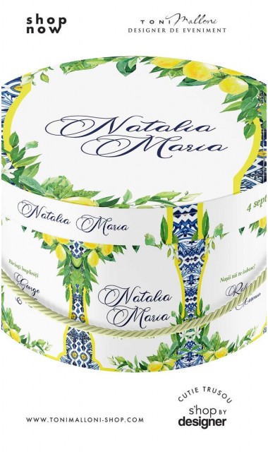 Cutie trusou botez rotunda de inspiratie mediteraneana cu lamai si frunze verzi 3